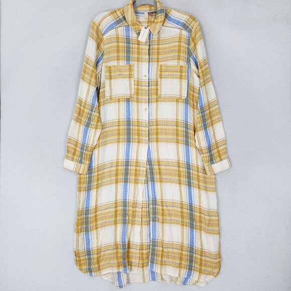 Pilcro Tops - Pilcro Shirt Womens Medium Yellow Plaid Side Slit Maxi Tunic Button Down NEW